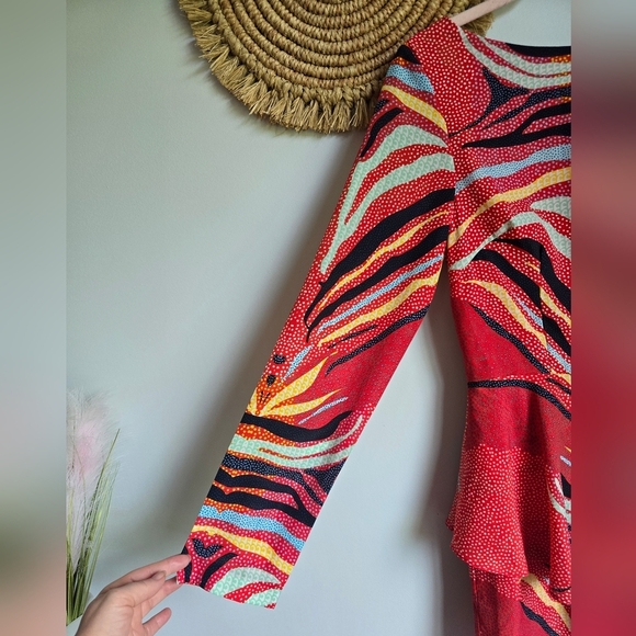 Mara Hoffman, Red Phoenix Boho Print Peplum Mini Dress, Size 6 - Picture 4 of 11